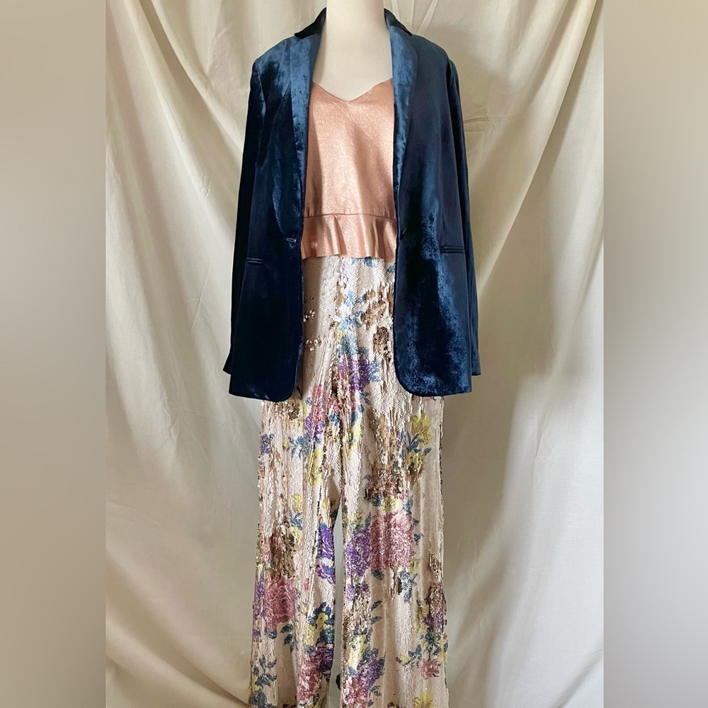 Forever 21 Floral Gold Flip Sequin High Waisted Wide Leg Pants sz L NWT - Picture 5 of 8